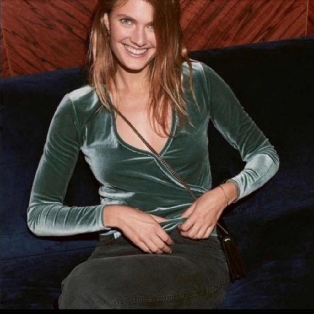 Madewell Velvet Wrap Long Sleeve Top - Teal Green